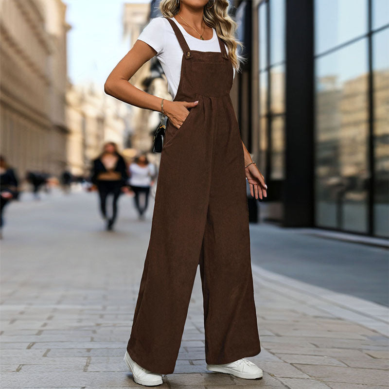 Fall Women Clothing Maillard Solid Color Corduroy Suspender Pants for Women