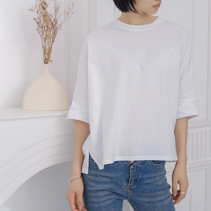 Popular Japanese Summer Loose Fitting Pure Cotton T shirt Women Large Batwing Sleeve Side Slit Top