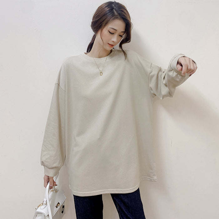 Korean Autumn Winter Women Solid Color Loose Mid Length Sweater Women Casual Cotton Top Women