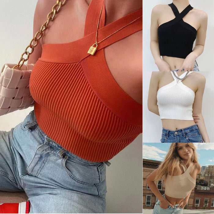 Women Clothing Cross-Halterneck Knitted Short Outer Wear Sling Small Tank Top