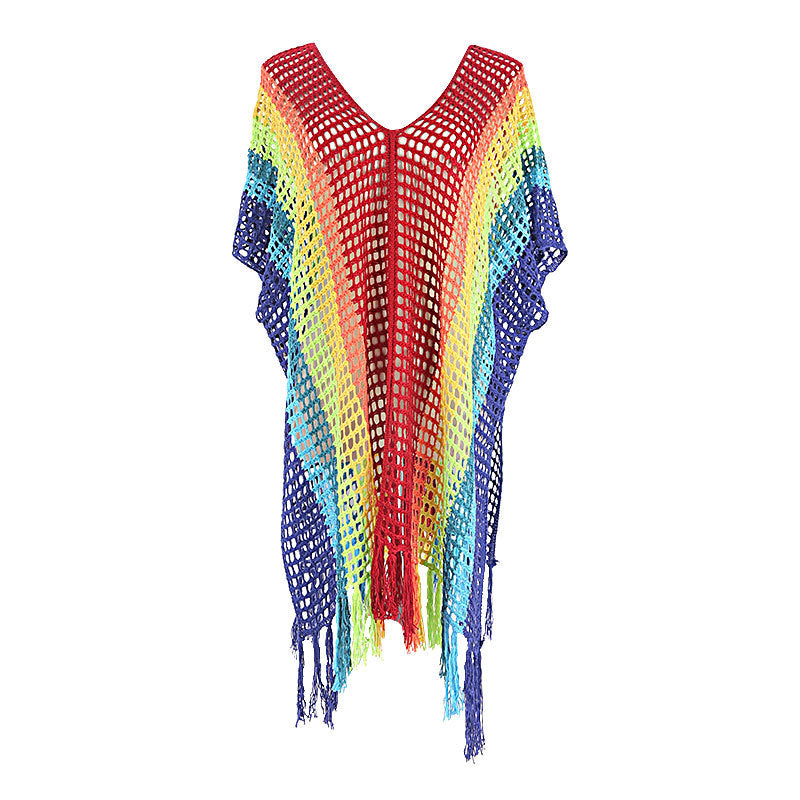 Rainbow Color Hollow Out Cutout Beach Cover up Seaside Holiday Bikini Cover Swimsuit Outwear Sun Protection Clothing