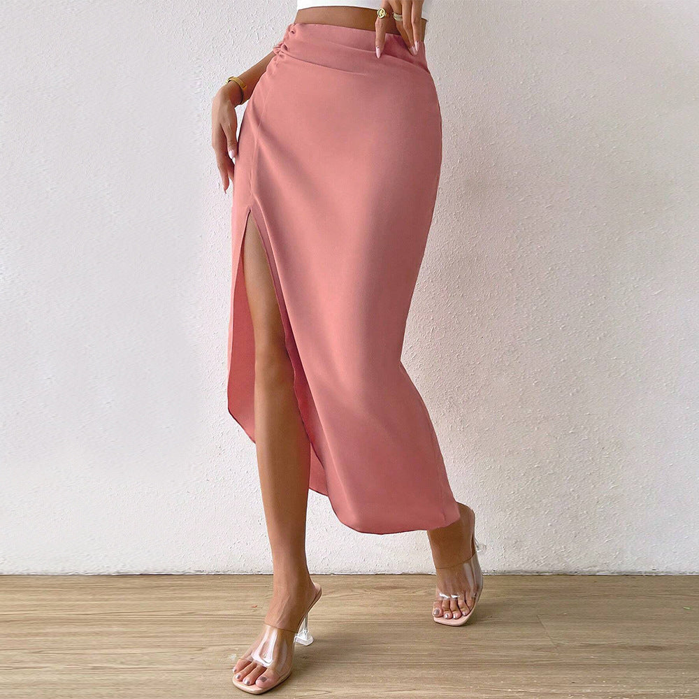 Women Clothing Autumn Winter Sexy Split Office Pink Sheath Skirt