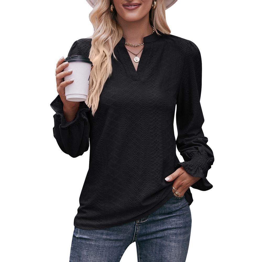 Autumn Women Clothing Solid Color T shirt Hole V neck Long Sleeve Umbrella Sleeve Top