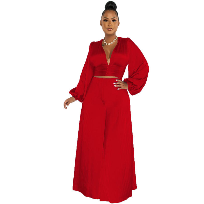 Women Clothing Autumn Winter Pleated Sexy V-neck Top Wide Leg Pants Casual Suit