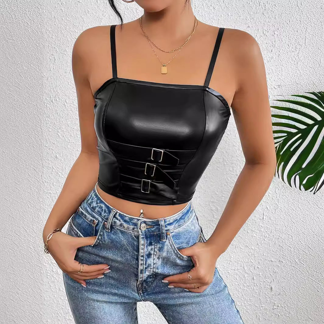 Sexy Bra Top Wrapped Chest Faux Leather Texture Women Vest Camisole