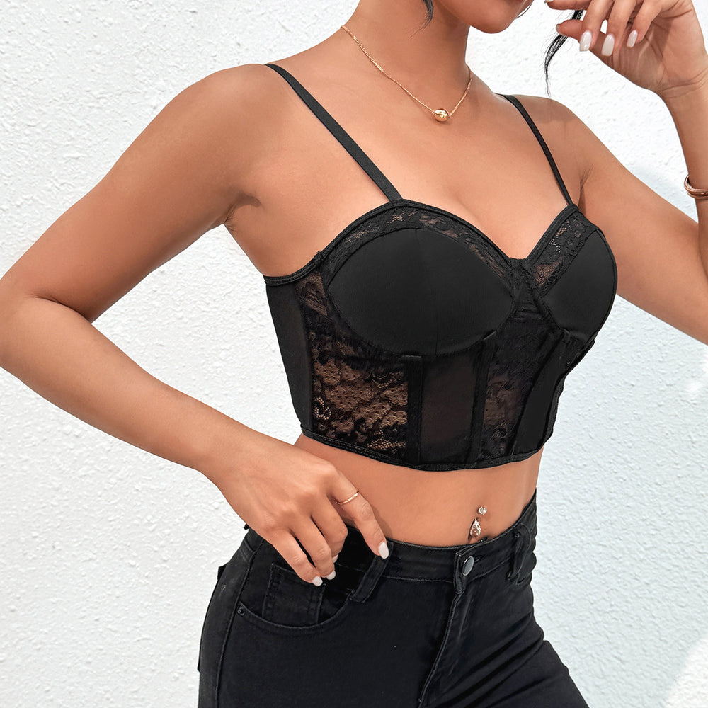 Street Fashionable Black Lace Grenadine Stitching Boning Corset Backless Sexy Sexy Slim Strap Women