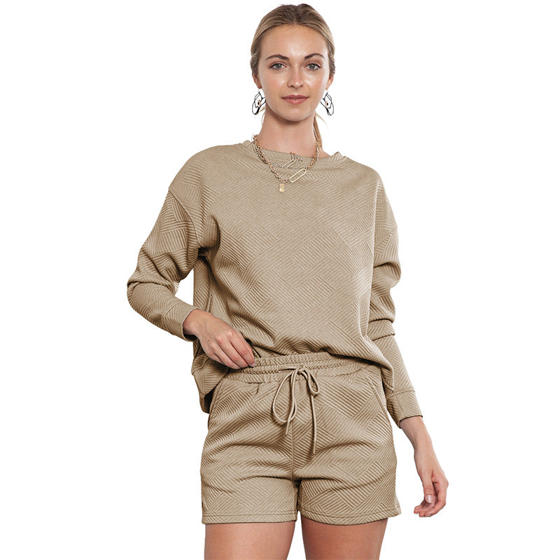 Loose Long Sleeve Shorts Two Piece Women Autumn Stylish Simple Texture Suit