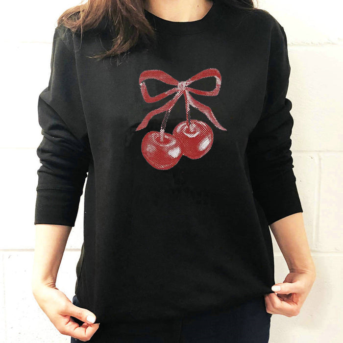 Street Hipster Bow Cherry Drop Shoulder Loose Long Sleeve Sweatershirt Autumn Winter Women Clothing