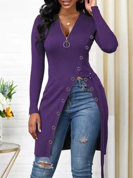 Autumn Winter Women Clothing V-neck Long Sleeve High Slit Thread Zipper T-shirt Top