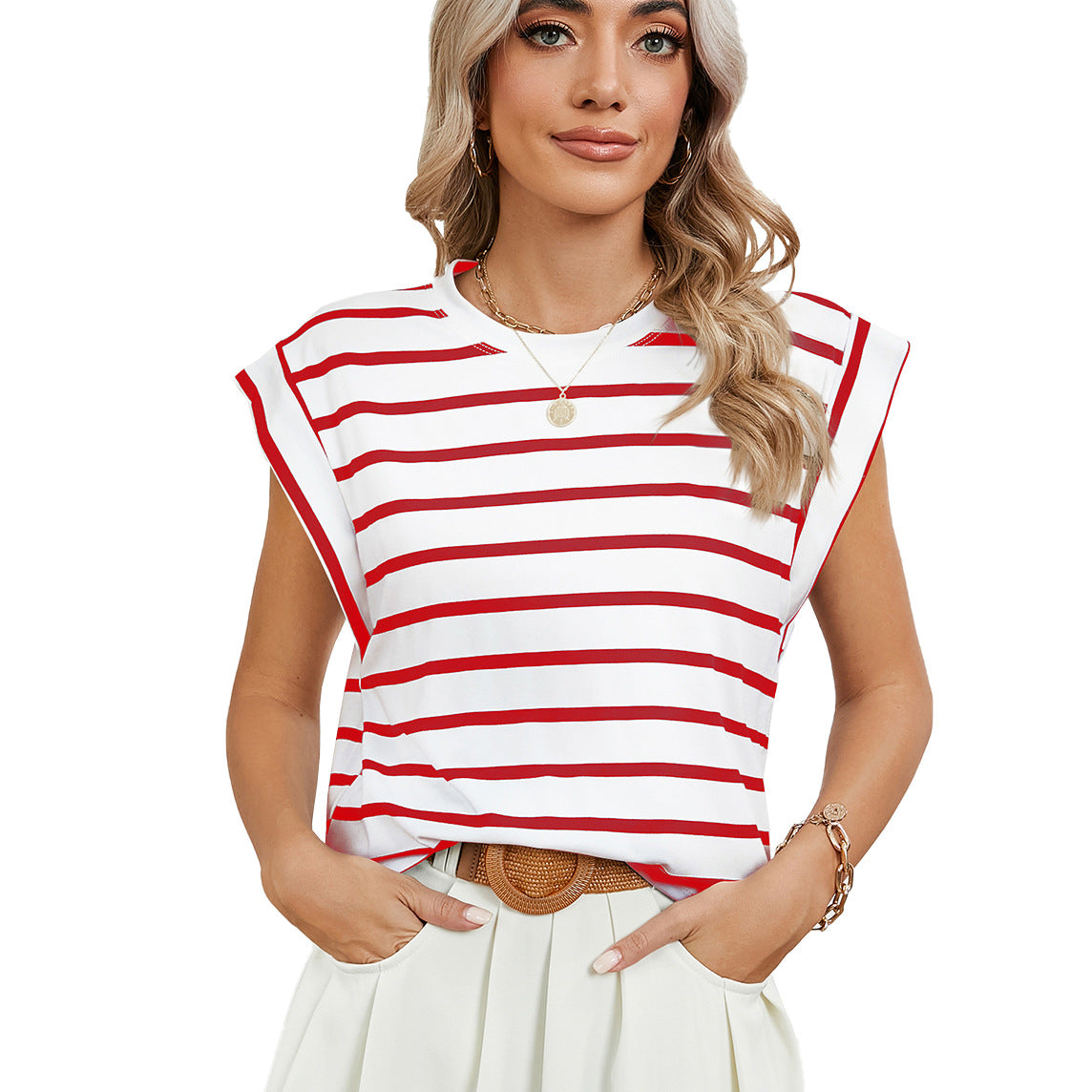 Spring Summer round Neck Loose Short Sleeves T shirt Striped Top Women Vest