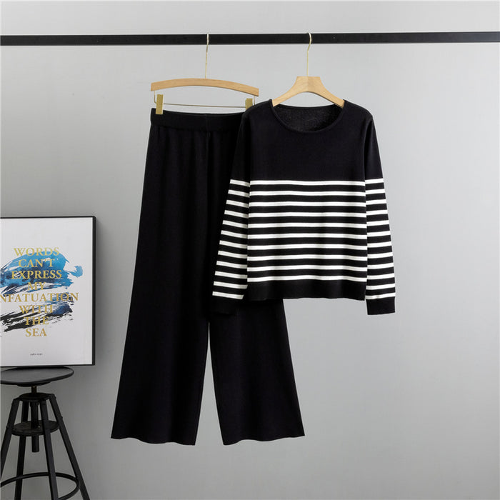 Korean Loose Round Neck Striped Sweater Set Women Sweater Top High Waist Trousers Women Autumn Clothing Two Piece Set