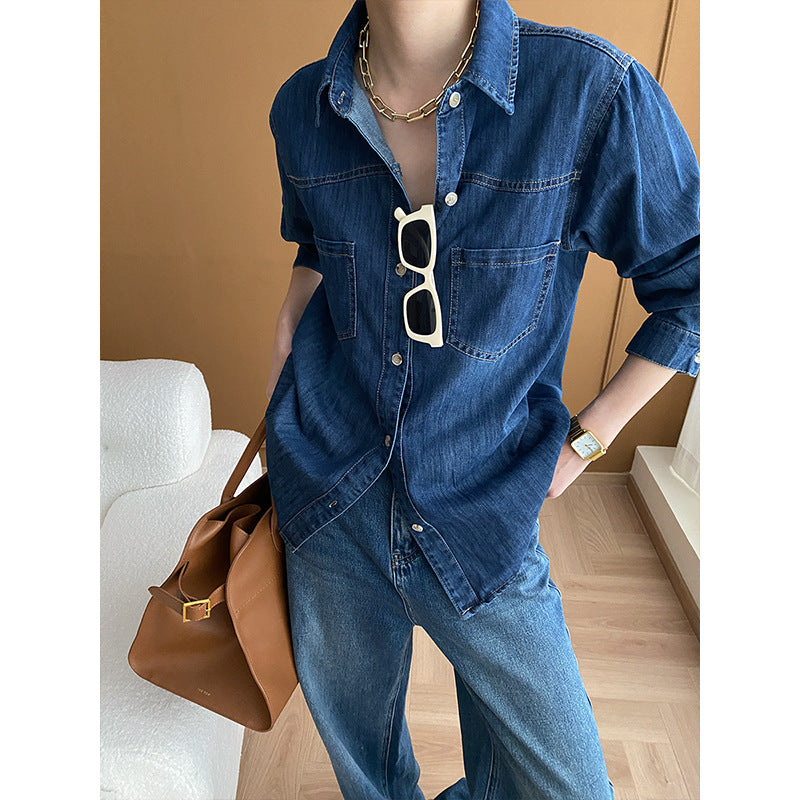 Fashionable Casual Tone Retro Washed Distressed Denim Shirt Early Spring