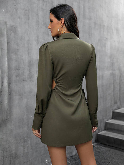 Women Clothing Collared Hollow Out Cutout Long Sleeve Tight Waist Stylish Dress