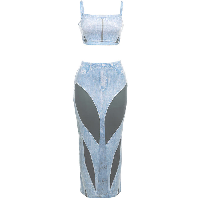 Women Clothing Summer Personalized 3d Denim Printing Camisole High Waist Slim Fit Skirt Set