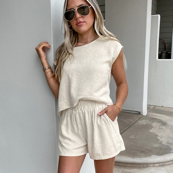 Summer Elegant Cotton Linen Drop Shoulder Sleeve Sleeveless Top Shorts Two Piece Set Khaki Casual Women Wear