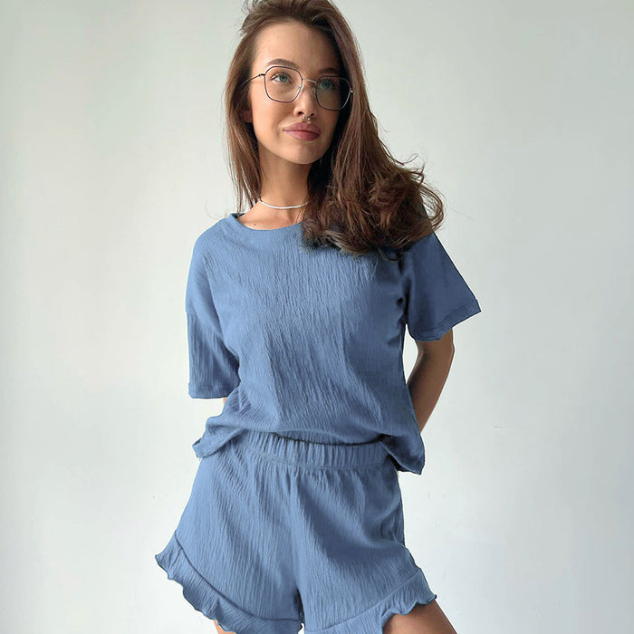 Women Casual Sports Solid Color Cotton Linen Short Sleeve round Neck Shorts Pajamas Two Piece Set