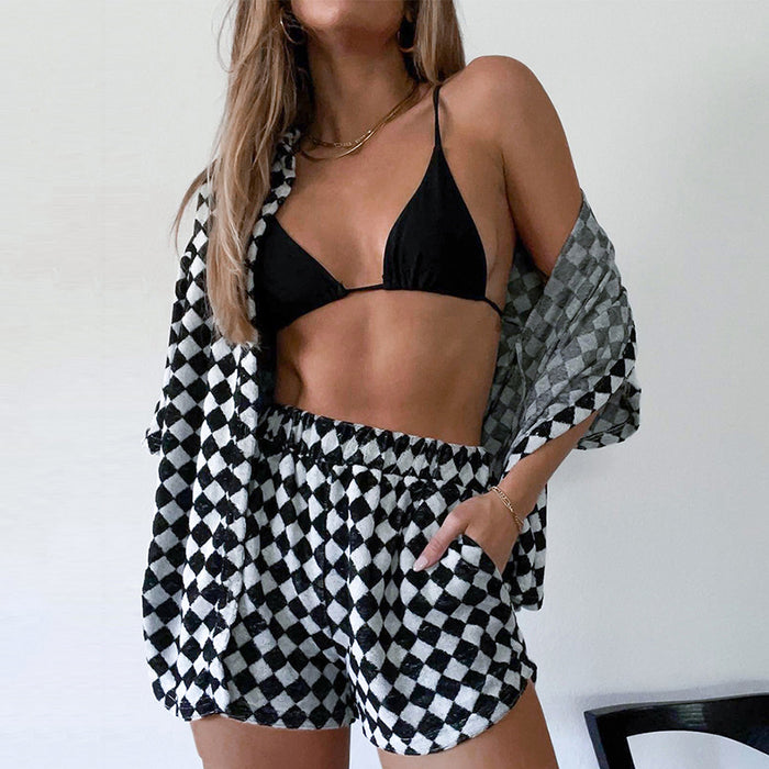 Jacquard Black White Plaid Street Shirt Two-Piece Set Casual Shorts Suit for Women