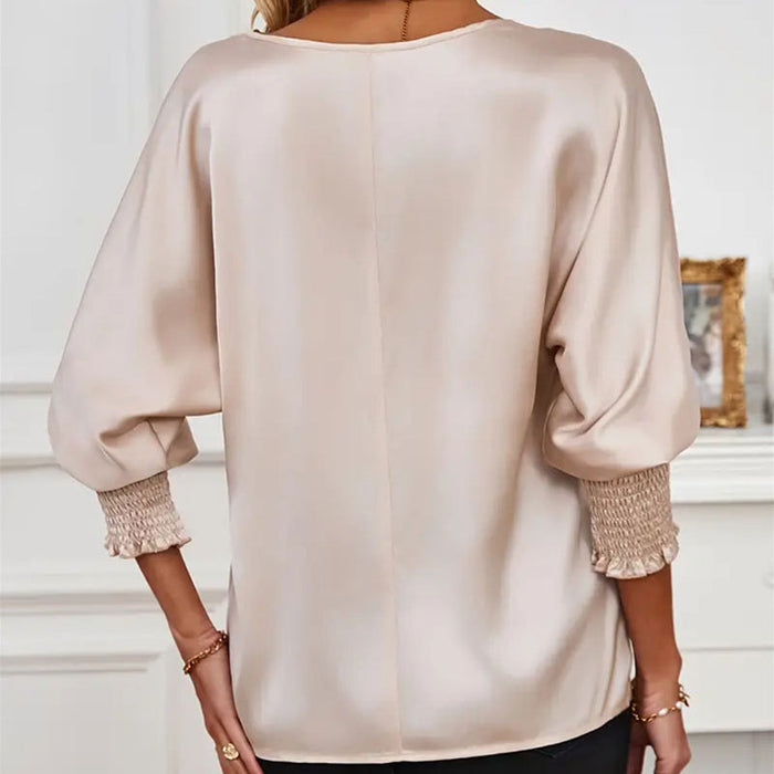 Smocking Batwing Sleeve Loose Top Women V neck Solid Color Shirt Women Spring Summer