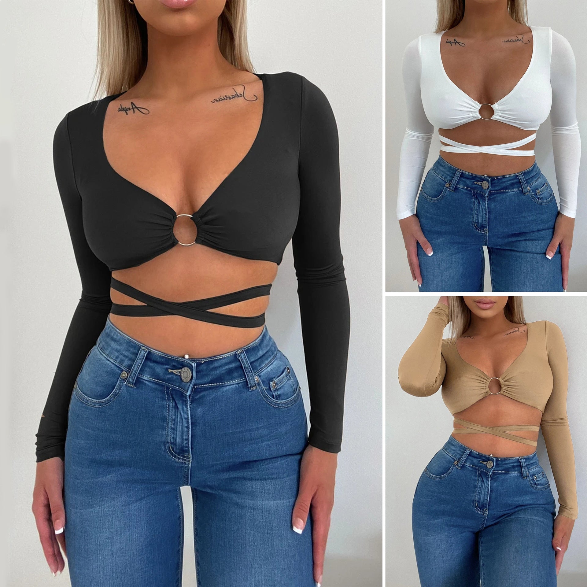 Summer Sexy Bare Cropped Slim Fit Top Solid Color All-Matching Lace-up Hollow Out Cutout V-neck Long Sleeve T-shirt Women Clothing