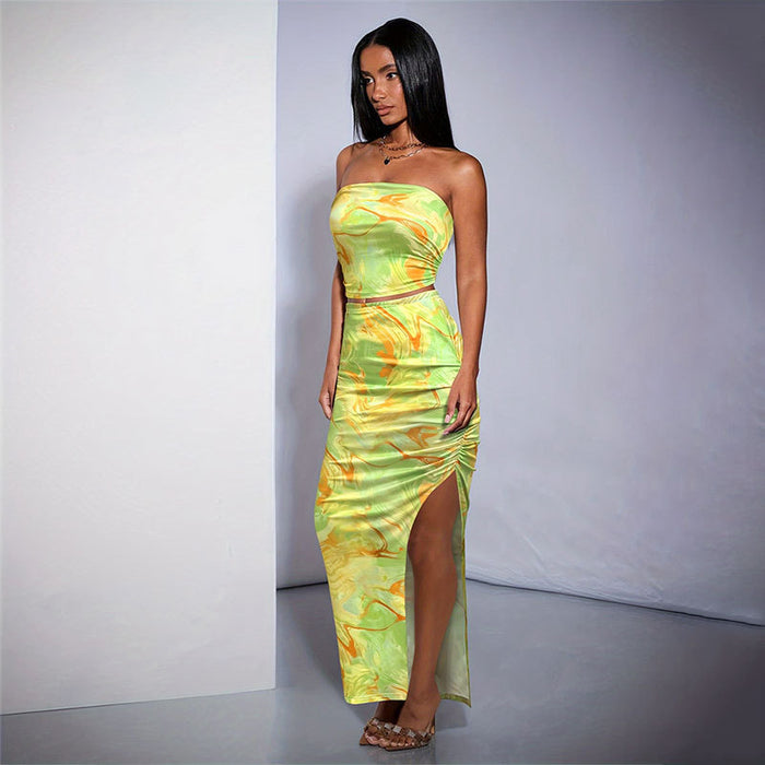 Tie Dye Bandeau Slim Fit Slit Sheath Slim Skirt Set Summer Two Piece Set High Sense Women Clothing