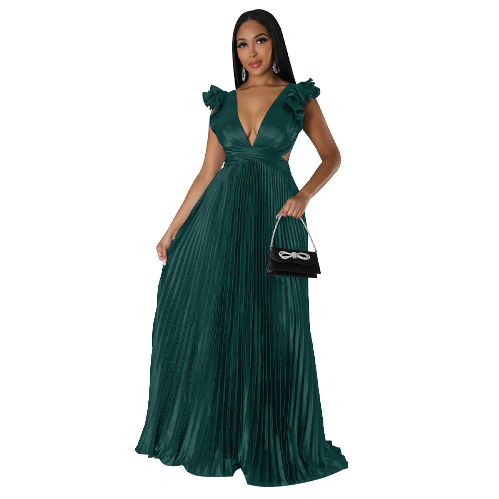 Women Clothing Artificial Silk Sexy Backless Deep V Plunge Pleated Dress Long Dress