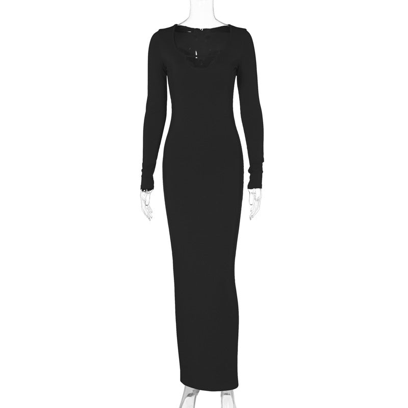 Women Clothing Winter Sexy Cutout Slim Solid Color Long Sleeve Dress Women