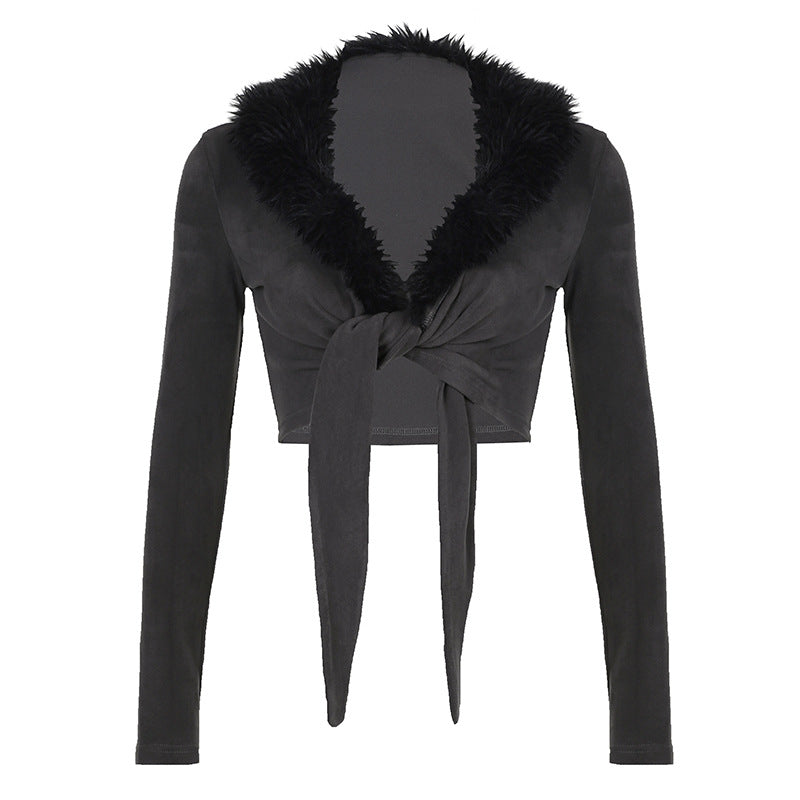 Niche Design Fur Color Matching Pleated Knotted Irregular Asymmetric Cropped Cardigan Autumn Winter Warm Cool Top