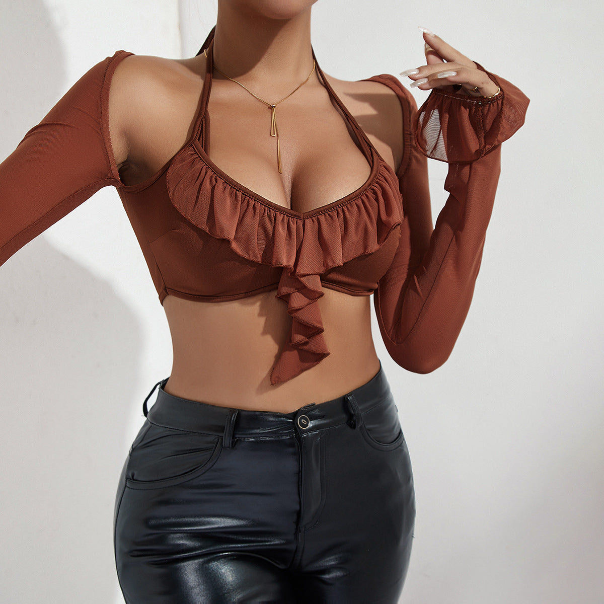 Women Clothing Sexy Hollow Out Cutout out Halter Ruffled Stitching Cropped Long Sleeve Top for Women