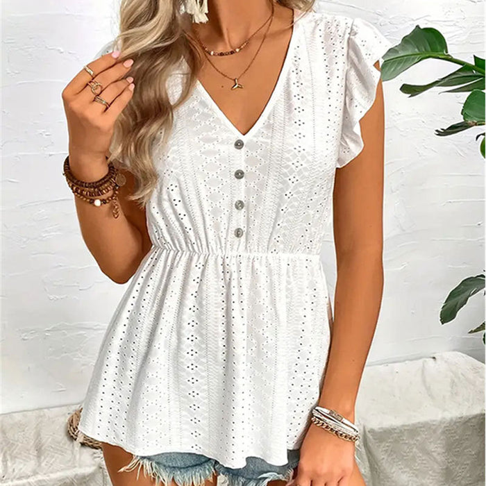 Knitted Jacquard Hollow Out Cutout Stretch Lace See through Lotus Leaf Flying Sleeves Top Women T shirt Spring