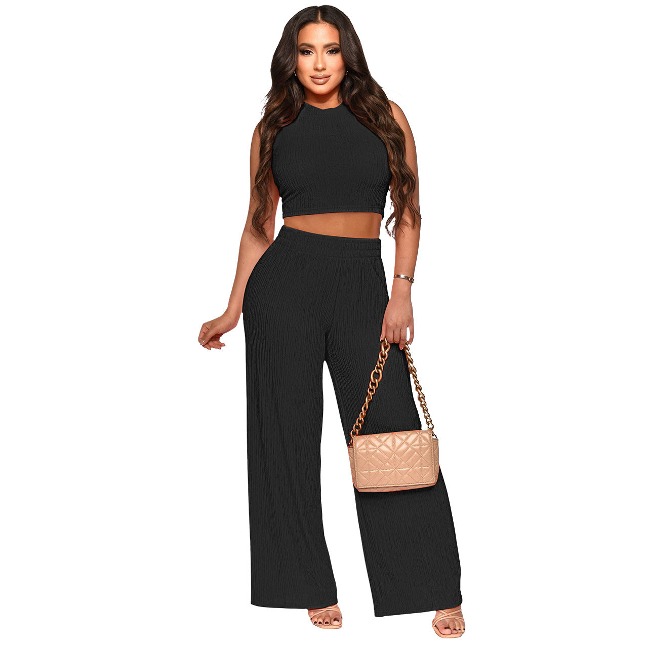 Women Clothing Spring Summer Vest Wide Leg Pants Stretch Fabric Casual Suit