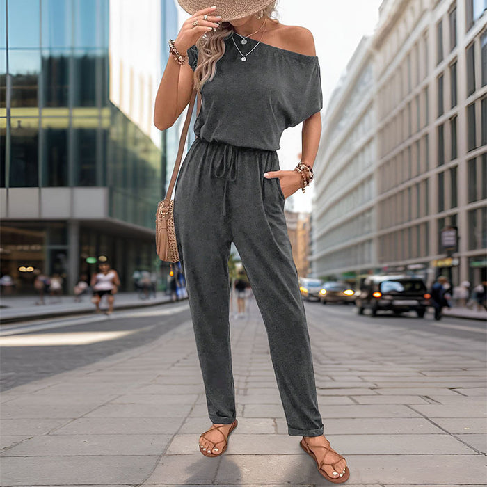 Summer Women Shoulder Solid Color Jumpsuit Trousers