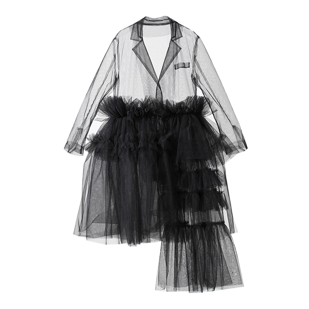 Heavy Industry Design See through Tulle Dress Summer Tailored Collar Irregular Asymmetric Multi Level Stitching Dress