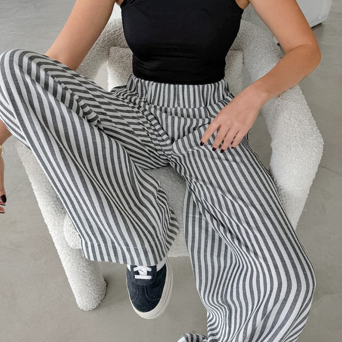 Autumn Casual Striped High Waist Elastic Band Trousers Baggy Straight Trousers Women