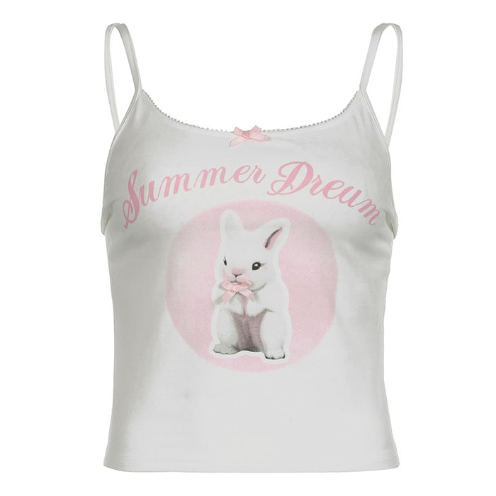 Sweet Cartoon Dopamine Rabbit Print Bow Suspenders Summer Cute Slim Basic Sleeveless Vest