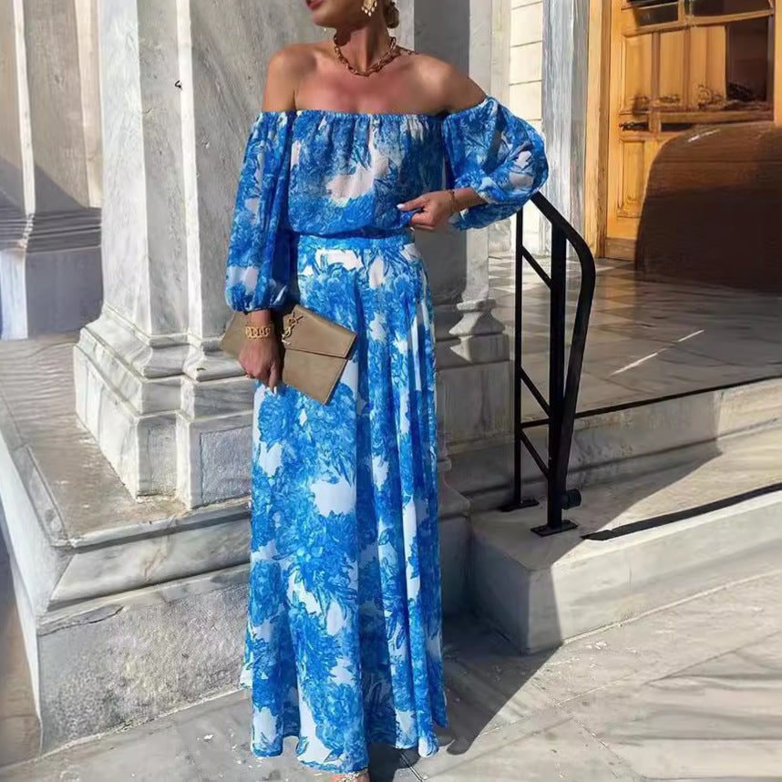 Spring Summer off Shoulder Printing High Waist Elegant Dress Women