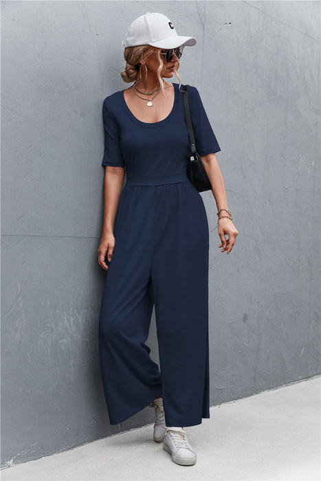 Spring Summer Short Sleeve U Collar Loose Wide Leg Jumpsuit