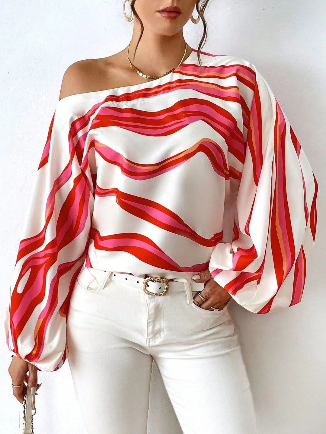 Goods Spring Summer Elegant off Shoulder off-Neck Printed Loose Women Shirt