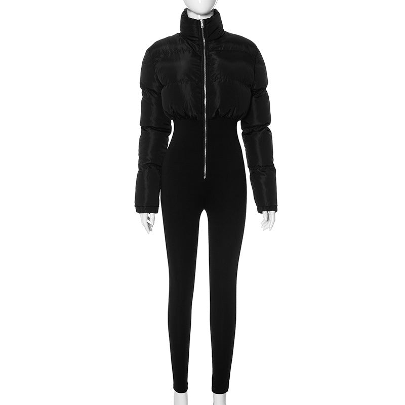 Sexy Cotton-Padded One Piece Stretch Tight Jumpsuit Winter Slim Short Jacket