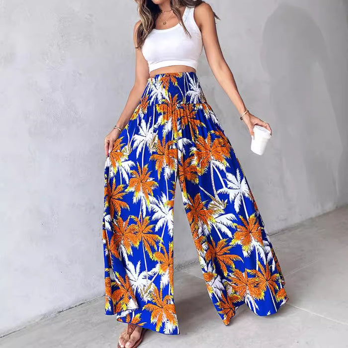 Women Clothing Printed Waist-Controlled Casual Trousers Wide Leg Pants