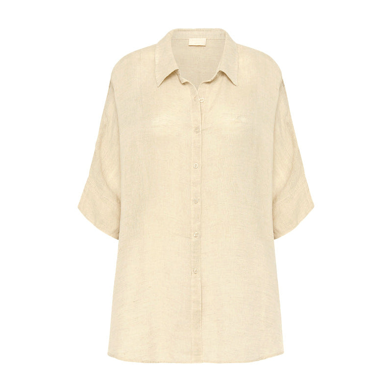 Pure Linen Shirt Women Summer Loose Half Sleeve Shirt Casual Office Wind Front Short Back Long Design Jacket