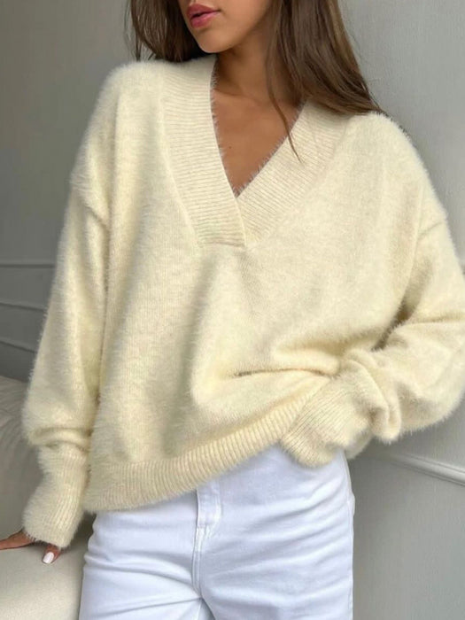 Autumn Winter Super Soft V Neck Mink Like Clothing Women Idle Loose Knitted Sweater Women