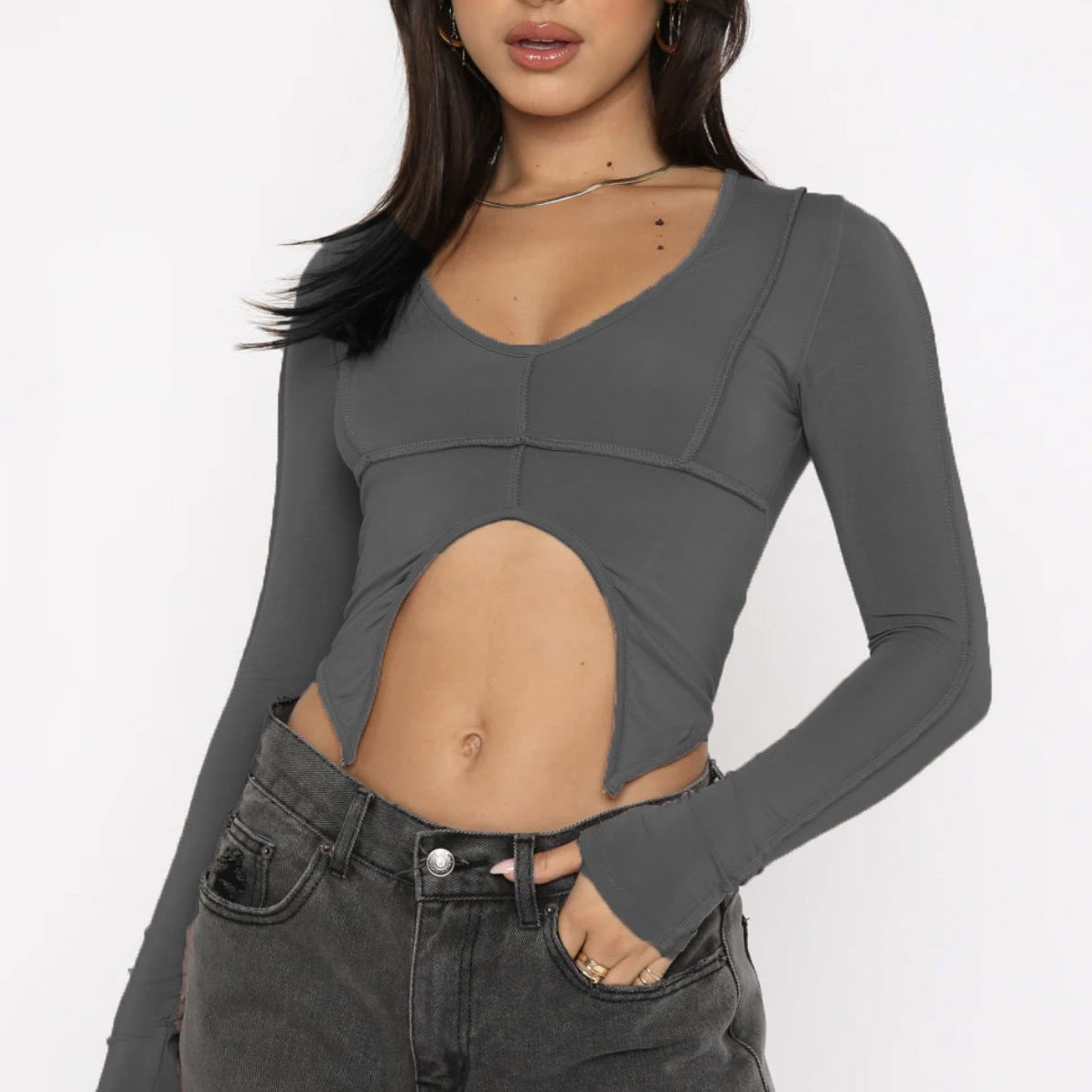 Chic Sexy U Collar Hollow Out Cutout Out Top Bat down U Cropped Sexy Slim Long Sleeve T Shirt Women