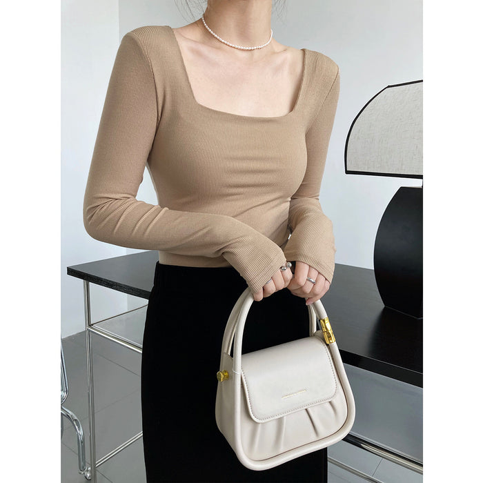 Long Sleeve Square Neck T shirt Women Slim Fit Slimming off Shoulder Low Collar Short Top Bottoming Shirt