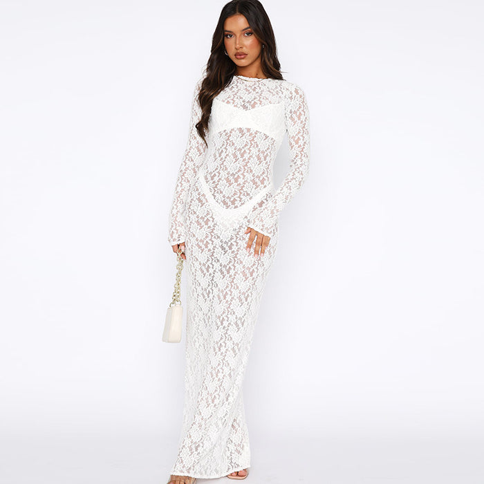 Women Clothing Spring Summer Solid Color Lace See through Long Sleeve Mid Length Dress