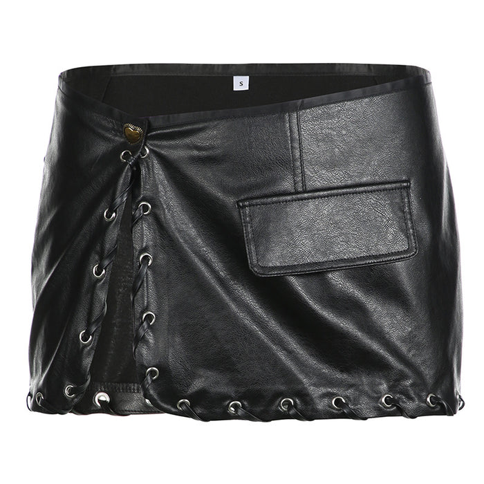 Retro Sexy One Piece Eyelet Button Faux Leather Skirt Sexy Punk A line Split Hip Skirt