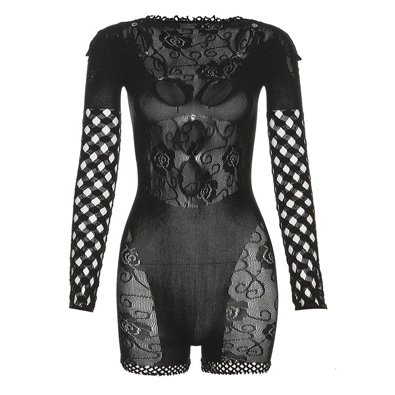Summer Women Sexy Mesh See through Hollow Out Cutout round Neck Long Sleeve Tight Romper for Women