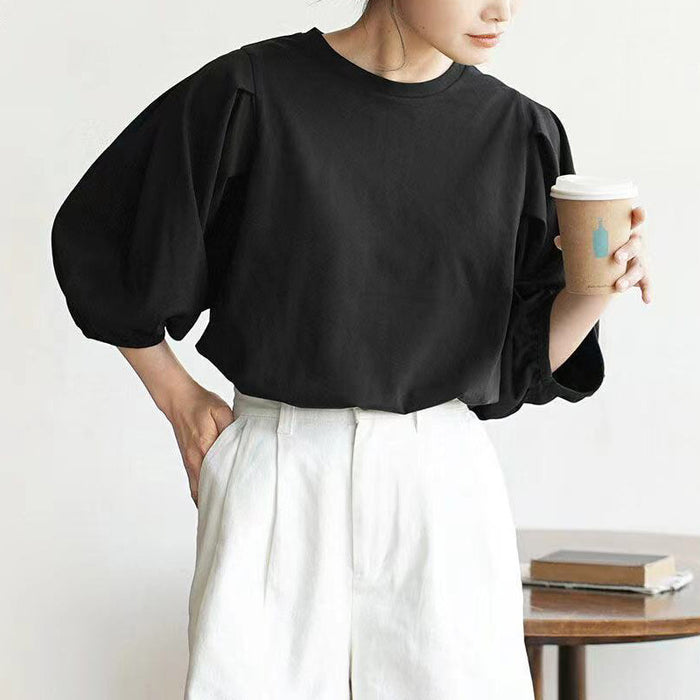 Early Autumn Japanese Women Classic Solid Color Simple Retro Casual Loose Cropped Sleeves T shirt Women