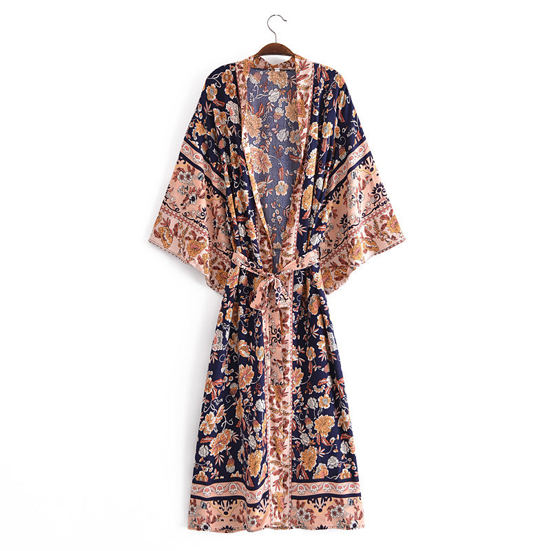 Spring Women Rayon Positioning Floral Belt Cardigan Coat Kimono
