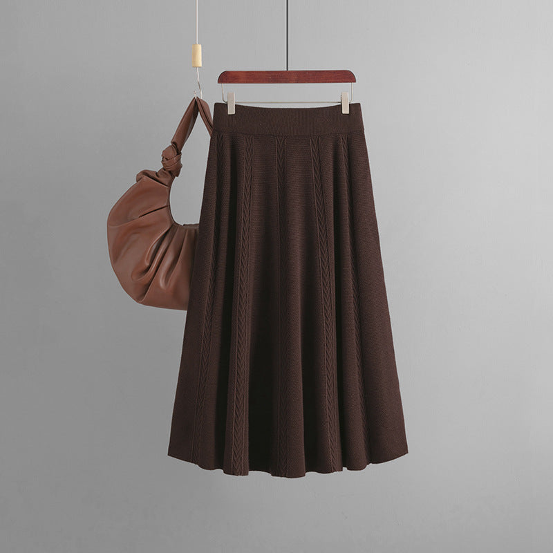 Mid Length Autumn Winter Draping Effect A line Khaki Knitted Skirt Women Winter Sweater