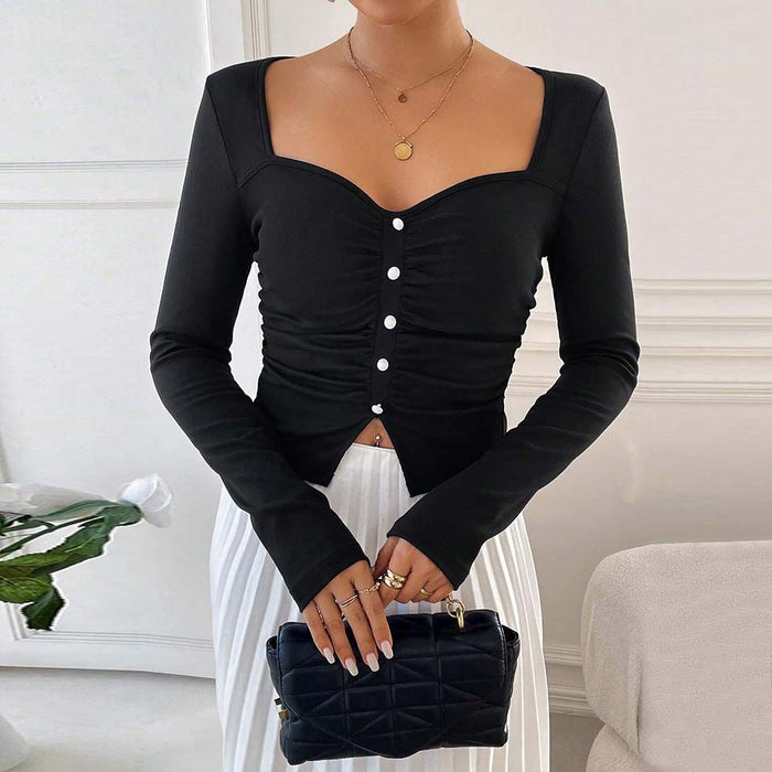 Women Clothing French Classic Square Neck T shirt Autumn Winter Elegant High Grade Slim Top